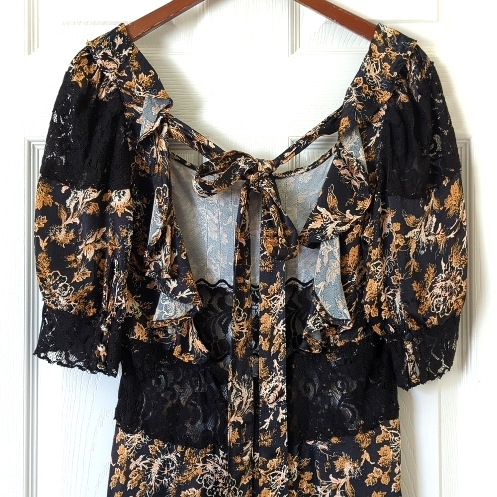 Free People Lucie Floral Scoop Neck Tied Open Back A-Line Mini Dress Black 6 - Picture 12 of 16